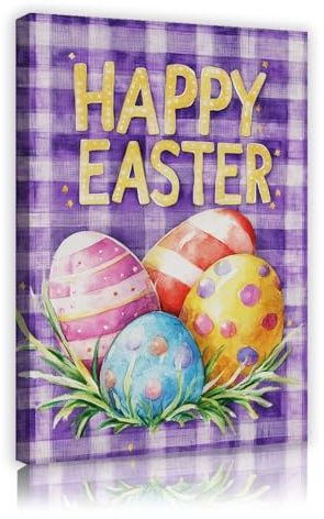 OSHIONARTE Frohe Ostern Dekor Große Osterei Leinwand Malerei Moderne Wandkunst Poster Drucke Lila Kariert Canva Bilder für Zuhause 70x100cm Innenrahmen