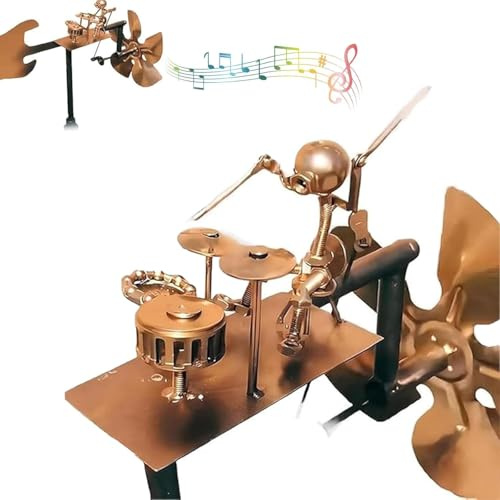Handmade Metal Drummer Windmill Garden Decoration, Wind Powered Kinetics Sculpture, Spin Art Wind Spinners, Steampunk Percussionist Music Drummer Figurine Statue Spinner For Yard Lawn Patio Decor