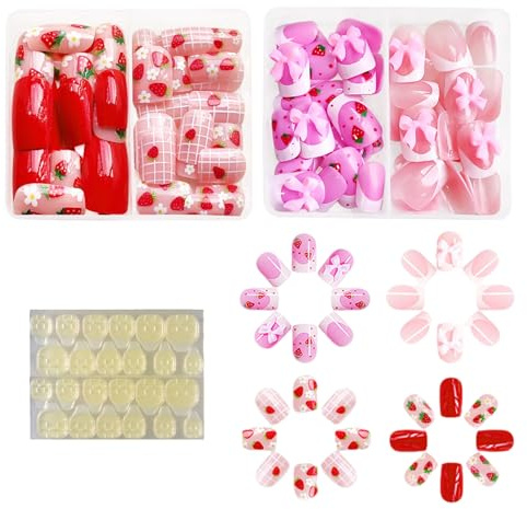 96 Pcs Stick on Nails, Press on Nails with Strawberry, Flowers and Bows, Fake Nails with Jelly Glue, Lovely Gifts for Girls and Women