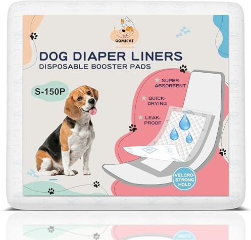 OOMICAT Dog Diapers Liners, 150 Ct, Super Absorbent Booster Pads for Male Dog Wraps and Female Dog Diapers, Lnnovative Velcro Design, Super-fit & No Shifting, Small Dog Diaper Pads