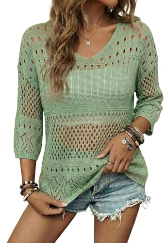 EVALESS Spring Sweaters for Women 2026 Crochet Knit Tops 3/4 Short Sleeve Lightweight Summer Sweaters Vacation Outfits Beach Vacation Clothes Cute Round Neck Cover Ups for Women Green Sweater, Small