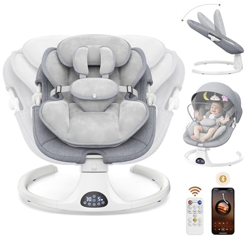 Helangel Electric Baby Swing, Baby Bouncer Chair from Birth with 5-Point Harness, Baby Swing Chair with 5 Swing Speed, 3-Stage Timer, Remote Control and Music for Indoor & Outdoor Use (Light Grey)