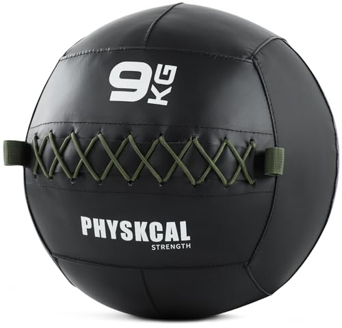 PhysKcal Medicine Wall Ball, mjuka läder-slambollar med vikt för dynamiska helkroppsövningar, HIIT-träning, styrka och uthållighetsuppbyggnad, strukturerad, bekvämt handtag