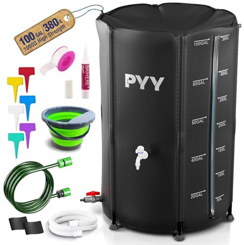 PYY Rain Water Collection Barrel - 100 Gallon Black Large Water Storage Tank with Spigots, Portable Rain Catcher to Collect Rainwater from Gutter, Plastic Rain Catchment System with Collapsible Bucket