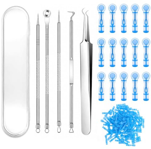 QEAS 101 Pièces Extracteur Point Noir, Tire Comedon Point Noir, Pince Point Noir Extracteur en Acier Inoxydable, Blackhead Remover Outil avec Étui pour l'Extraction de Comédons et Impuretés