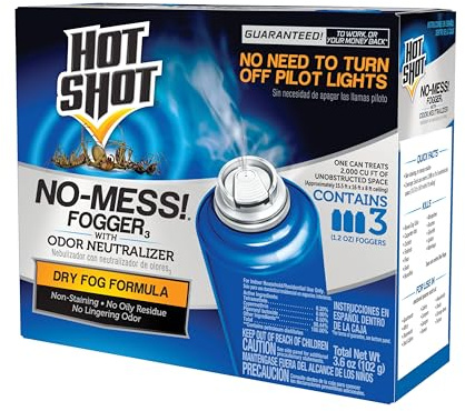 Hot Shot No-Mess! Fogger With Odor Neutralizer 3 Count-1.2 Ounce Cans, Kills Hidden Bugs, No Need To Turn Off Pilot Lights