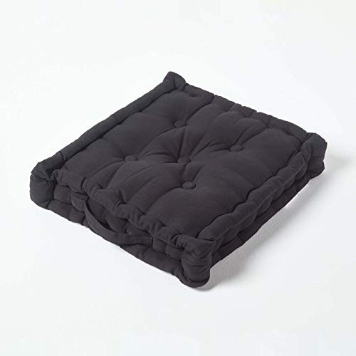 HOMESCAPES Luxury Floor Cushion Plain 100% Cotton Black 40 x 40 x 8cm, Booster Cushion Seat Chair Pad Dining Thick & Plush Garden Floor Pillow for Kids Elderly Pets Indoor Outdoor Use