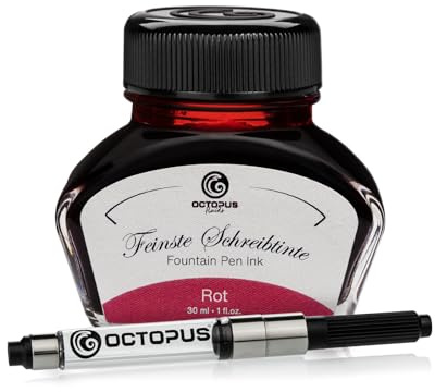 Octopus Fluids Füllhaltertinte im Tintenglas inklusive Konverter, Schreibtinte für Füllhalter, Füllertinte in Rot 30ml mit Tintenkonverter