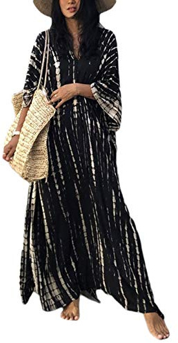 Eddoyee Plus Size Beach Kaftan Dresses for Women Print V-Neck Long Swimsuit Cover Ups