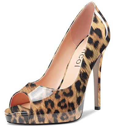 Aachcol Femmes Plate-Forme Aiguille Haut High Talon Heel Escarpins Slip-on Ouvert Bout Dress Chaussures Bureau Party Mariage Vernis Marron Léopard 13 CM 40 EU