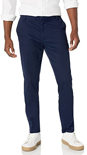 Amazon Essentials Pantalón chino elástico de corte ajustado, resistente a las arrugas, con parte delantera lisa Hombre, Azul Marino, 31W / 30L