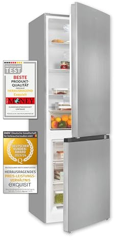 Exquisit® Frigorífico Combi Inverter 315L, Inoxlook, Clase C, Puerta Reversible, Alarma de Puerta, Cajón Verdulero, Estantes de Cristal, Iluminación LED, Medidas (185,8 x 60,0 x 60,5 cm)