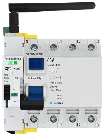Interrupteur Différentiel Triphasé 30mA Type A & AC 63A 42kW - Réarmement Automatique - Fonctionnement Manuel et Programmation ON/OFF Heure/Jour via App Tuya Wi-Fi - Certifié RCCB EN 61008-1