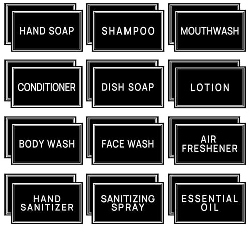 24 etiquetas de baño de estilo minimalista para botellas, jabón de manos, champú y acondicionador, etiquetas dispensadoras impermeables, calcomanías autoadhesivas para jabón de platos, loción enjuague