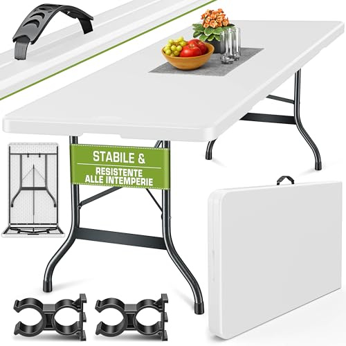 tillvex Tavolo da giardino 180x75cm pieghevole plastica | Tavolo da buffet con impugnatura di trasporto | Tavolo pieghevole per giardino, terrazza e balcone (Bianco)