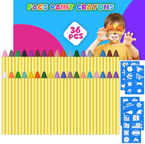 Beugo 36 Couleurs Crayon Maquillage Enfant, Visage Peinture avec 30 Pochoirs, Sûr, Non-Toxique, Lavable, Peinture Corporelle pour Cosplay, Carnaval, Anniversaire, Halloween, Pâques, Noël