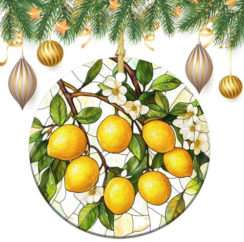 Stained Glass Lemon Fruit Christmas Tree Hanging Ornaments,2 Pieces, 7.2CM Round Double-Sided