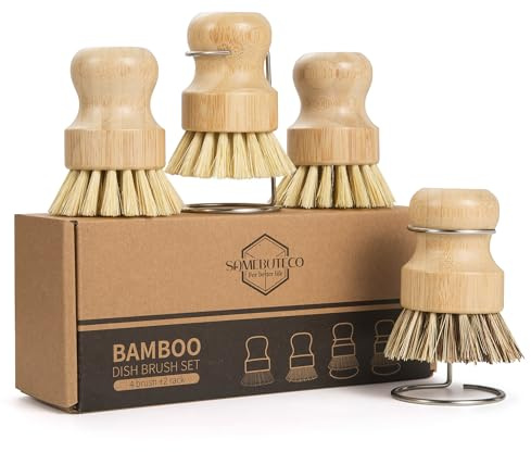 SAMEBUTECO 6-Piece Bamboo Dish Brush Set with Fast-Dry Stainless Steel Holder,3xNatural Sisal Bristle Brush & 1xPalm Bristle Kitchen Cleaning Brushes for Dishes, Pots, Pans & Sink