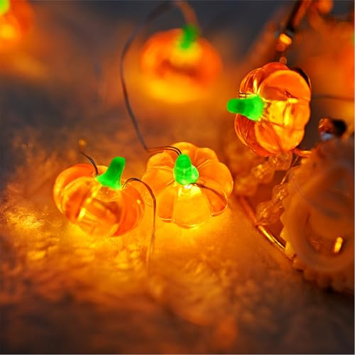 SIGANDG Guirnalda de Luces de Calabaza para Halloween, 5M 50 LED Mini Luces de Hadas Calabazas de Interior, Calabazas Decorativas Funciona con Pilas para Fiestas de Halloween, Decoración de Festivales