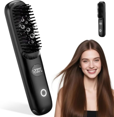 Spazzola Lisciante per Capelli, Mini Portatile Spazzola Lisciante Senza Fili di Ioni Negativi Riscaldamento Rapido Anti-scottature con 3 Temperatura per Casa, Viaggio