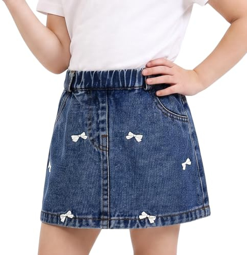 Miipat Jupe en Jean pour Petites Filles, Jupe Courte Plissée en Denim à Taille Haute Trapèze avec Élastique Taille Poche Mini Jupes Décontractées Enfant Fille 3 à 8 Ans