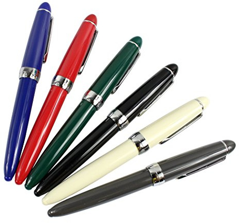 Jinhao 992 Füllfederhalter Set, Schüler 6 Farb Stift Set, Silberclip, Volltonfarben (schwarz, blau, grün, grau, rot, weiß)
