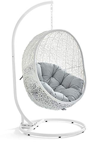 Ergode Hide Outdoor Patio Swing Chair | Tranquil Island Getaway | Synthetic Rattan | All-Weather Cushion | Powder-Coated Steel Frame | Hanging Chain | Indoor/Outdoor Use | UV Resistant | White Gray