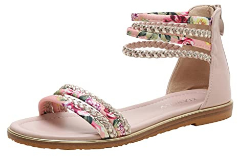 LOCIIXAT Womens Summer Rhinestone Embellished Flat Braided Shoes Studding Gladiator Sandals with Zipper Closure