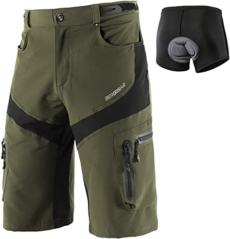 BERGRISAR Pantaloncini da Ciclismo da Uomo Pantaloncini MTB Bici Imbottiti con Cerniera Tasche, Verde Imbottito Removibile, Small