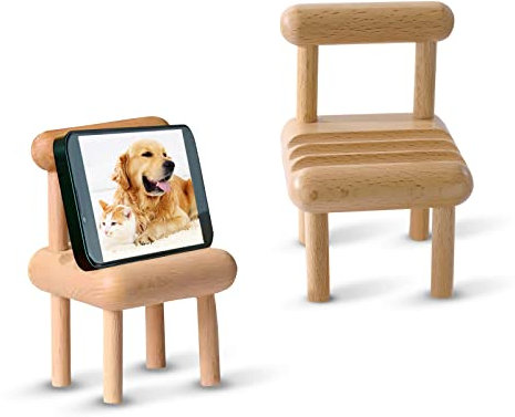 NCOALE 2PCS Wooden Cell Phone Stand, Universal Desktop Bedside Phone Holder Portable Mobile Tablet Holder, Mini Chair Shape Desktop Decoration Small Gifts for Men Women