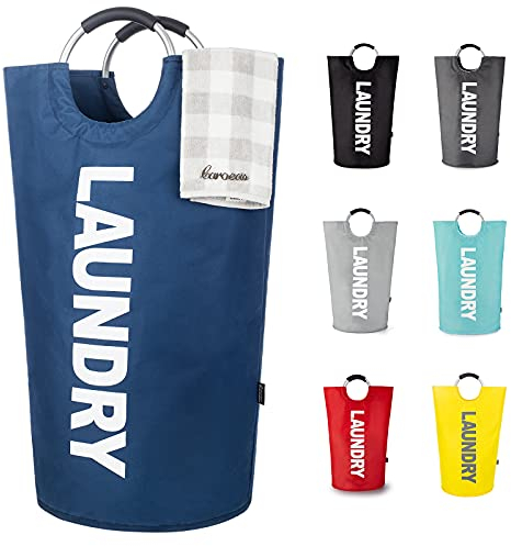 Caroeas 100L Laundry Basket,Large Laundry Hamper, Laundry Bag with Padded Handles, Clothes Hamper Stands Up Well, Collapsible Free Standing Easy Storage Washing Bin (Navy Blue,100L)