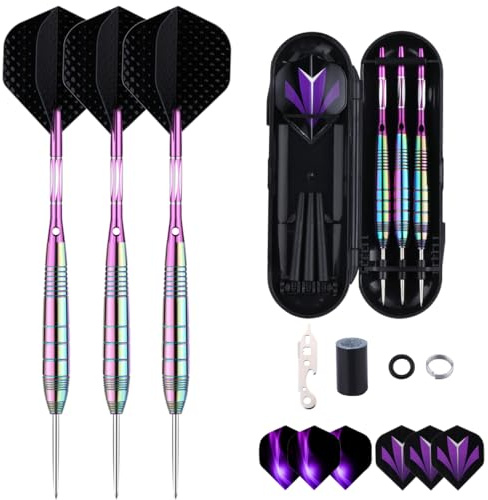 sanfeng Steel Tip Darts Set for Dartboard, Pro Darts with Metal Tip 24 Grams, Colorful Brass Barrel + Purple Aluminium Shafts 9 Flights 50 Rubber O-Rings 12 Spring Rings 1 Dart Sharpener Tool