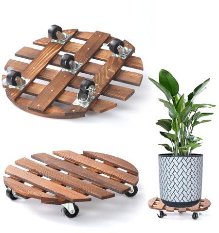 2 Pack 14 Plant Caddy with 5 Wheels, Rolling Plant Stand 220 LB Heavy Duty Wooden Round Plant Dolly with Metal 360° Lockable Caster Wheels for Outdoor Indoor Large Plant Pots, Flower Pot, Patio