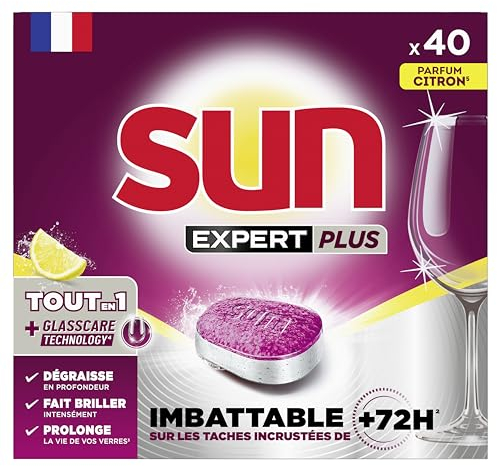 SUN - pastilles lave-vaisselle Tout en 1 Expert Plus - 40 tablettes - citron - imbattable sur les taches incrustées de + de 72h - Fabriqué en France
