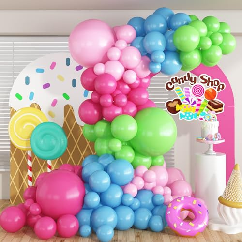 Candy Colorful Balloon Arch, 128 Pcs Pastel Rainbow Balloon Garland with Bright Light Baby Hot Pink Blue Lime Green Balloons, Macaron Balloons for Girls Kids Sweet One Birthday Party Decor