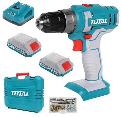 TOTAL 20 V batteridriven skruvdragare, självlåsande borrchuck upp till 10 mm, 15 åtdragningslägen och 1 x borr, 2 hastigheter och LED-ljus - med 2 x 2 AH-batterier, snabbladdare och väska