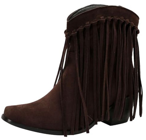 rismart Mujer Vaquero Botas de Tobillo Borlas Pantorrilla Ancha Pequeño Punta Cuadrada Western Bootie Marrón, 40 EU