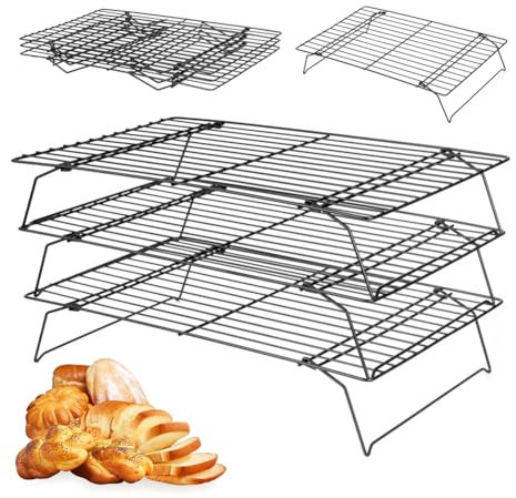 3 Etagen Abkühlgitter, 40×25cm Kuchengitter Abkühlgitter Antihaftend, Zusammenklappbar, Küche Backen Gitter für Gebäck, Gebackene Kuchen, Muffins,Kekse Biskuit, Kompatibel mit Backformen Backofenblech