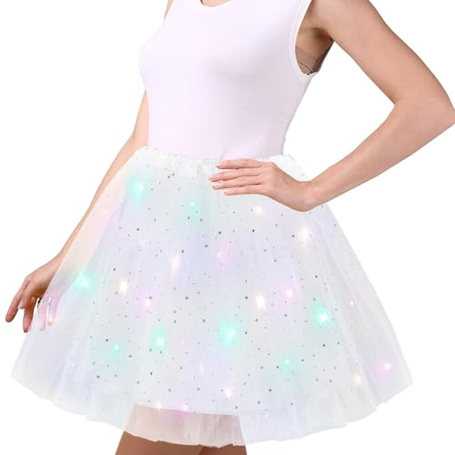 Gonna in tulle, da donna, 45 cm, con paillette, con luci a LED, per adulti, per carnevale, Halloween, carnevale, balletto, per adolescenti, bianco, XL