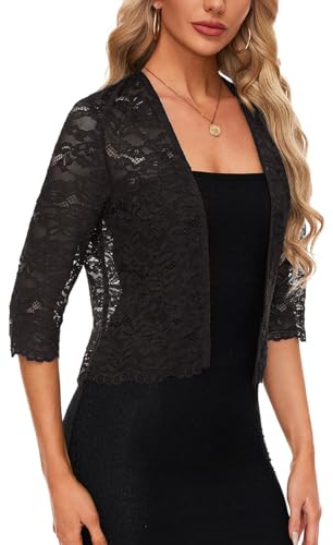Kyzoeyou Coprispalle da donna aperto sul davanti, in pizzo, con maniche a 3/4, coprispalle casual ed elegante, B-nero, S