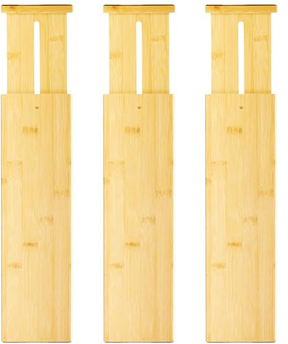 VaeFae 3 Pack Bamboo Drawer Dividers, 4 High Adjustable 16.6 - 21.8 Clothes Drawer Organizers, Expandable Separators for Bedroom/Bathroom/Kitchen/Office Storage