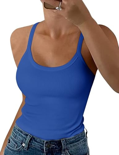 Irevial Debardeur Femme Chic et Élégant Été Top Caraco sans Manche Bretelles Spaghetti Haut Sexy Lâche Chemise Camisole Mode Casual Tank Tops Bleu Royal，L