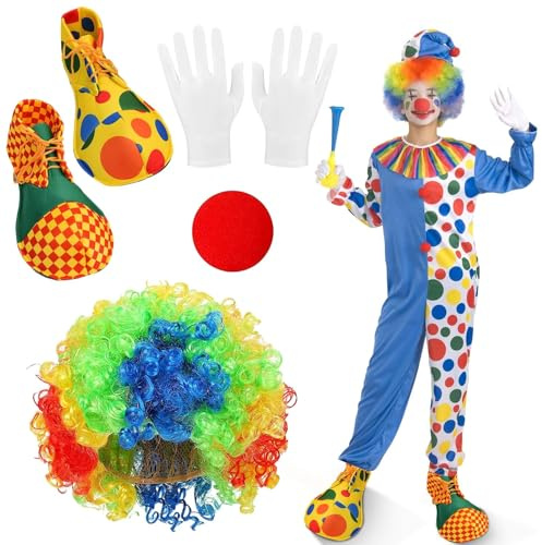 4 Piezas Conjunto de Disfraz Payaso Accesorios, Peluca de Payaso, Zapatos de Payaso, Nariz y Guantes de Payaso, Accesorios de Disfraz de Payaso para Adultos, para Halloween, Circo, Carnaval, Cosplay