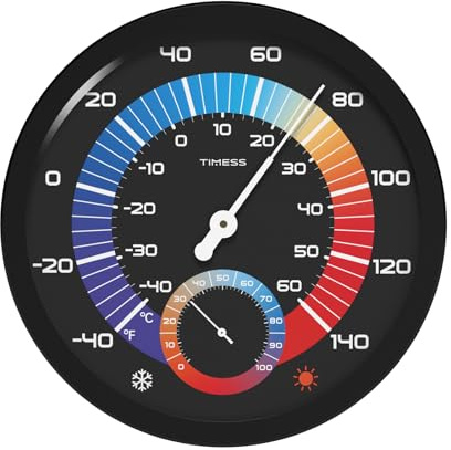 Indoor Outdoor Thermo-Hygrometer, 10 Inch Battery-Free, Dual Dial Large Numbers Analog Wall Thermometer Hygrometer, Classic Temperature Humidity Monitor for Patio, Nursery, Storage (Black)
