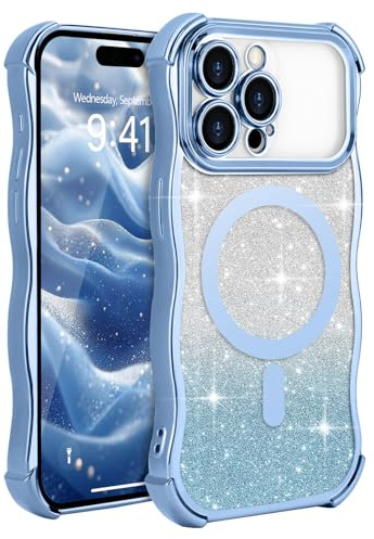 Wirvyuer for iPhone 15 Pro Curly Wave Frame Magnetic Case, Compatible with Magsafe with Removable Glitter Sparkly Card Cover, Clear Shockproof Anti-scratch Phone Case for Women Girls, Blue