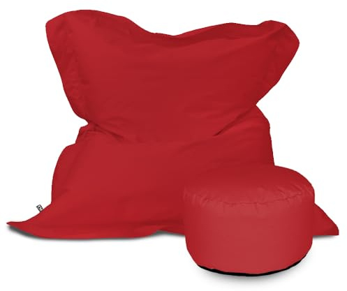 rucomfy Beanbags Kids Indoor/Outdoor Squashy Squarbie Bean Bag. Floor Cushion, Garden Chair or Sun Lounger. Water Resistant 125 x 100cm (Red, With Footstool)