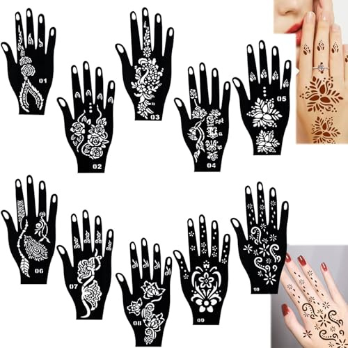 Ousuwo - Lote de 10 plantillas de tatuaje temporal reutilizables para adultos - Plantillas de pintura para arte corporal - Plantillas de pintura para la mano Mehndi, fiestas, festivales y