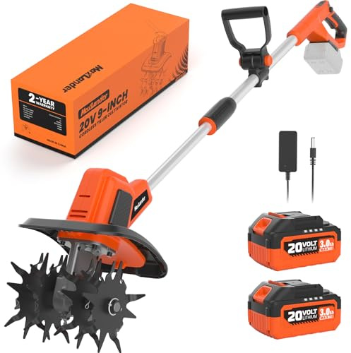 MAXLANDER 18V Cordless Tiller Cultivator, 9-Inch Electric Garden Tiller with 48 Steel Tines, 360RPM Battery Powered Rototiller for Gardening,2 x 3.0Ah Battery and Charger Included