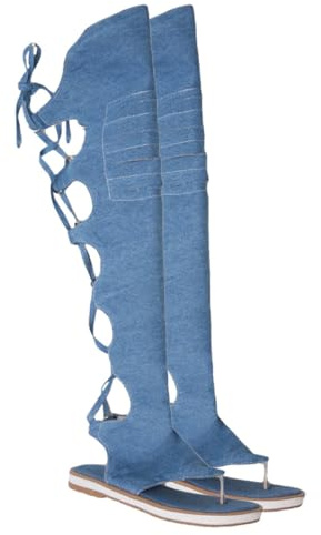 ifundom Sandalias Romanas Planas para Mujer Botas Altas de Verano Color Azul Diseño Hueco y Casual Calzado Antideslizante para Ocio y Uso Diario Talla 38