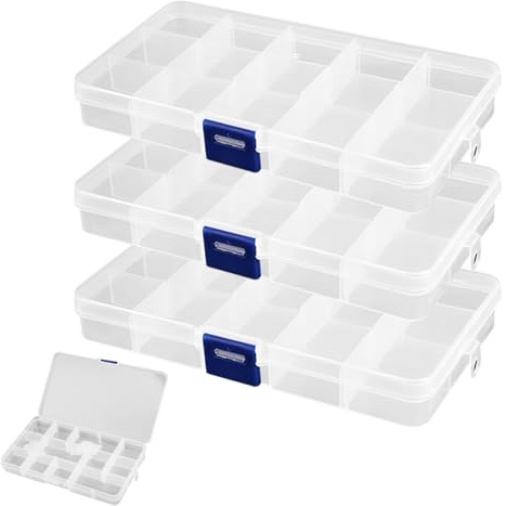Marnovest 3PCS Organiser Box with 15 Grids, Clear Bead Storage Box | Clear organiser box with adjustable dividers for beads, jewellery, bolts, snacks and other small items at home or travel